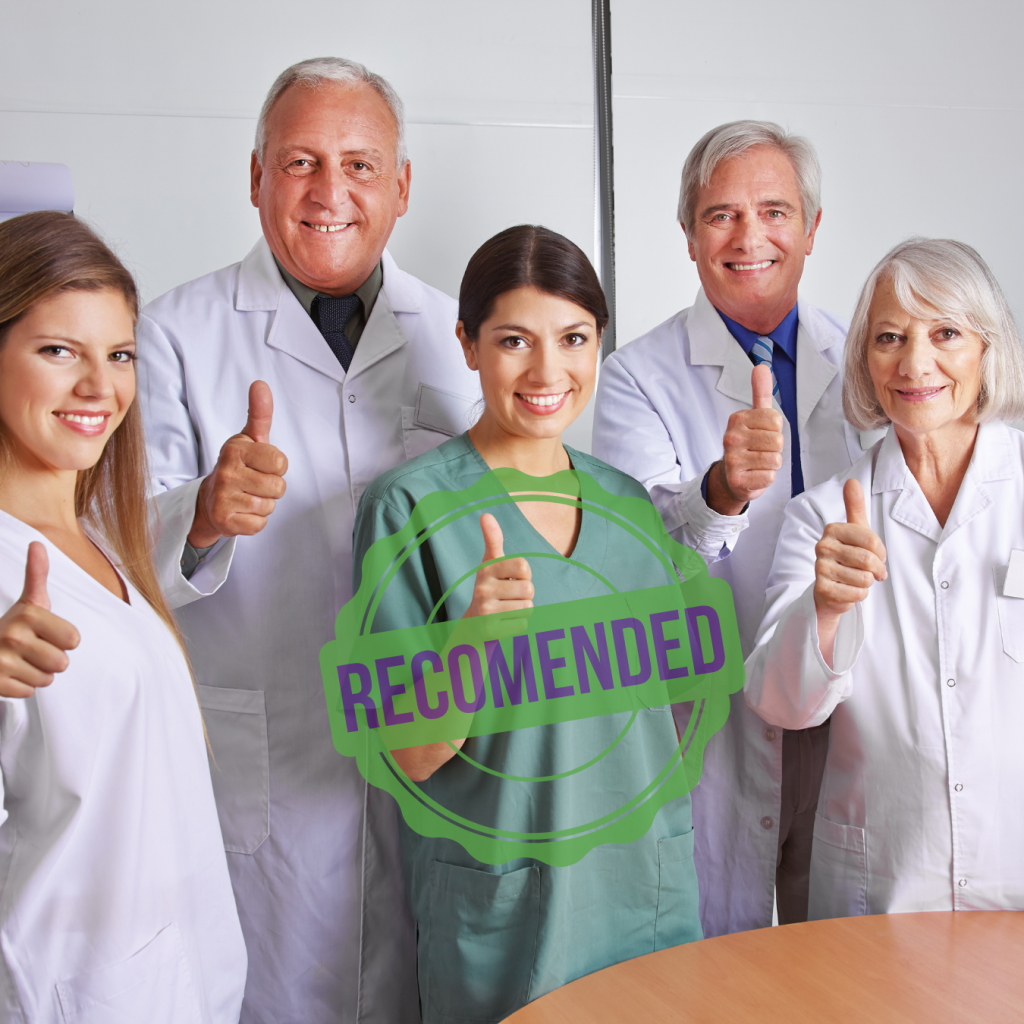 Doctors with thumbs up gesture with a recommended badge on top